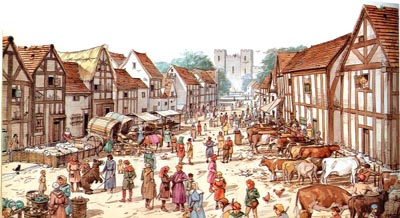 A bustling Medieval city
